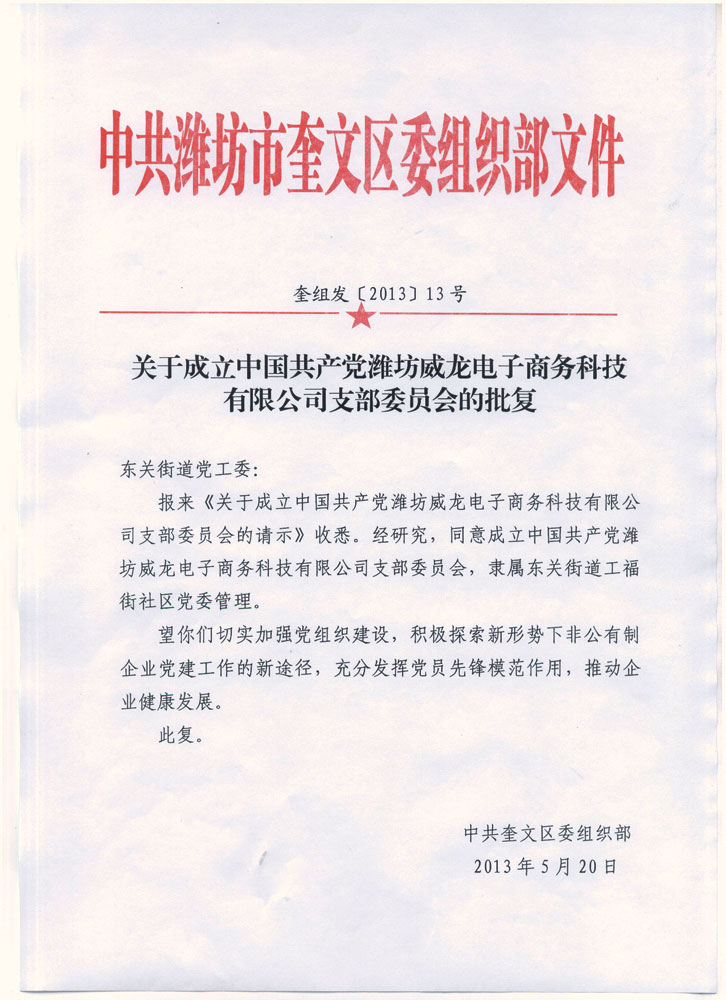 熱烈祝賀中國共產(chǎn)黨濰坊威龍電子商務(wù)科技有限公司支部委員會(huì)成立